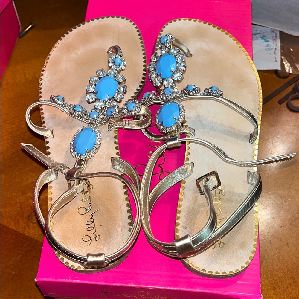 Lilly Pulitzer katie Gold Sandals with Bermuda Blue Accents